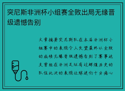 突尼斯非洲杯小组赛全败出局无缘晋级遗憾告别