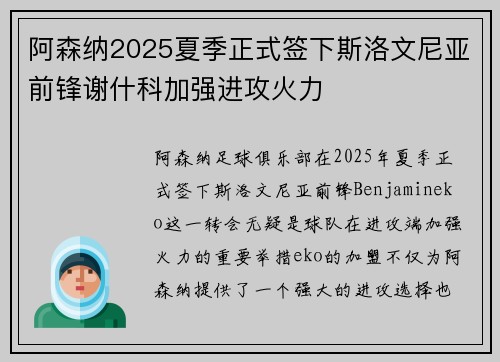 阿森纳2025夏季正式签下斯洛文尼亚前锋谢什科加强进攻火力